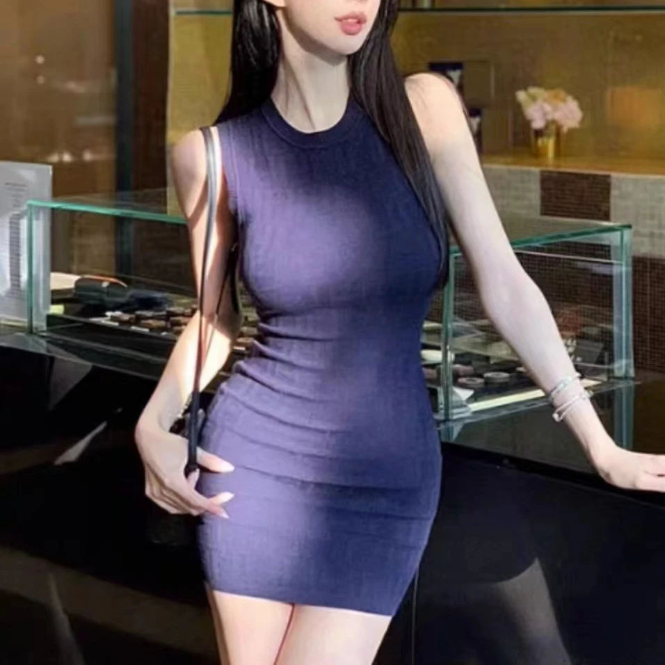 Женское Трикотажное Мини-платье Без Рукавов Облегающее Платье С Круглым Вырезом