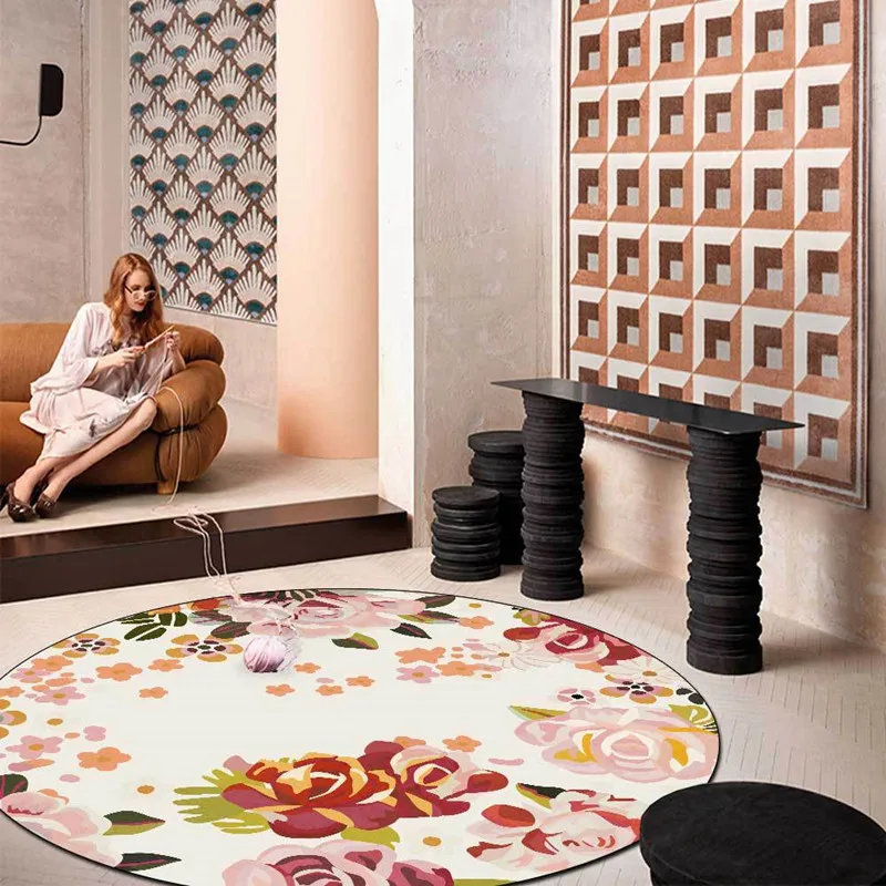 

Europe 3D Flower Rug And Carpet For Home Pastoral Mats Circle Rugs Living Room Carpets Bedroom Large Flannel Floor Luxury Decor