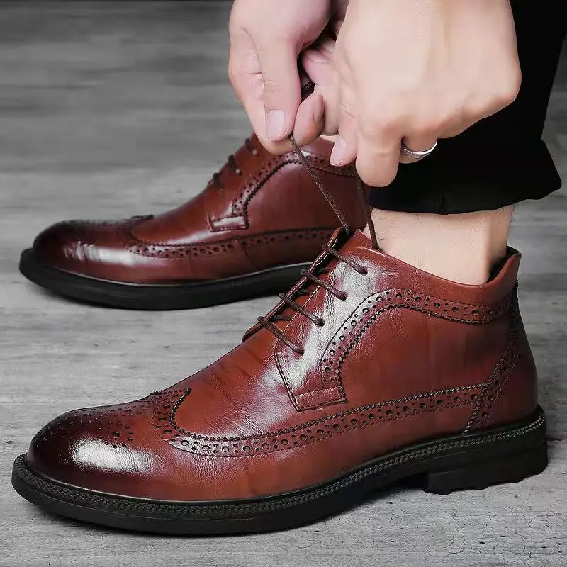 Men Loafers Fashion Winter Ankle Boots Men Business Brogue Shoes Bruno Marc Men's Genuine Leather Lined Dress Oxfords Shoes