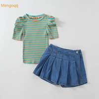 fashion girls summer short sleeve striped knitting tops t shirts denim solid skirts toddler children clothes sets 2pcs 3 8y