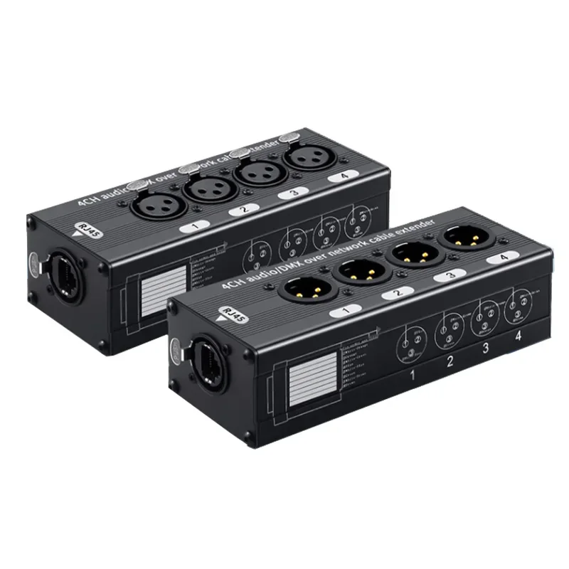 Фото Комплект из 2-х XLR аудиопередатчиков-приемников (мужской и женский) для передачи данных по Ethernet через кабель RJ45 Cat6 на расстояние до 100 м (330 футов), 4-канальный, 3-контактный №1
