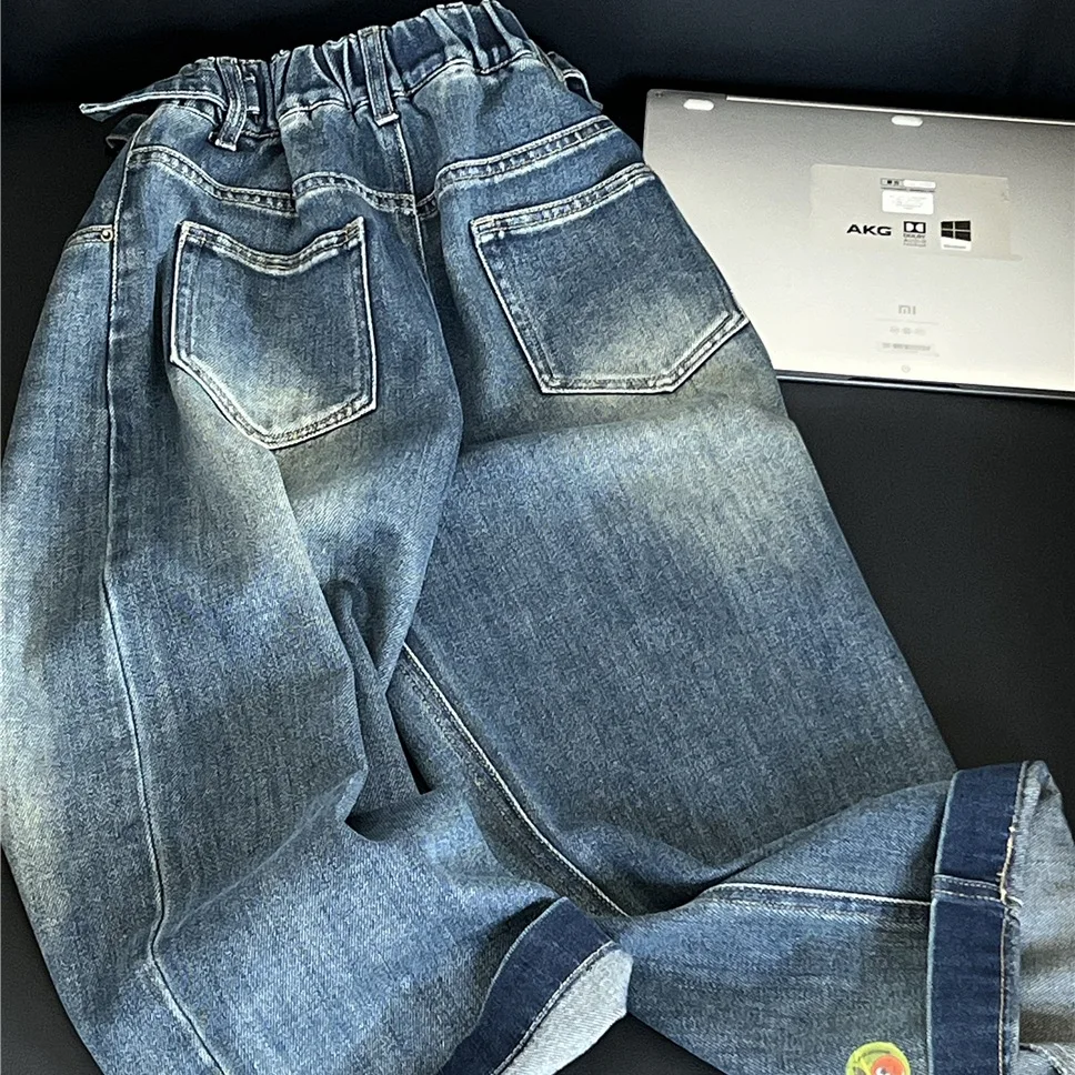 Фото 2025 новые модные детские прямые джинсы, повседневные джинсы American High Street Sle для мальчиков, сезон весны и осени №3