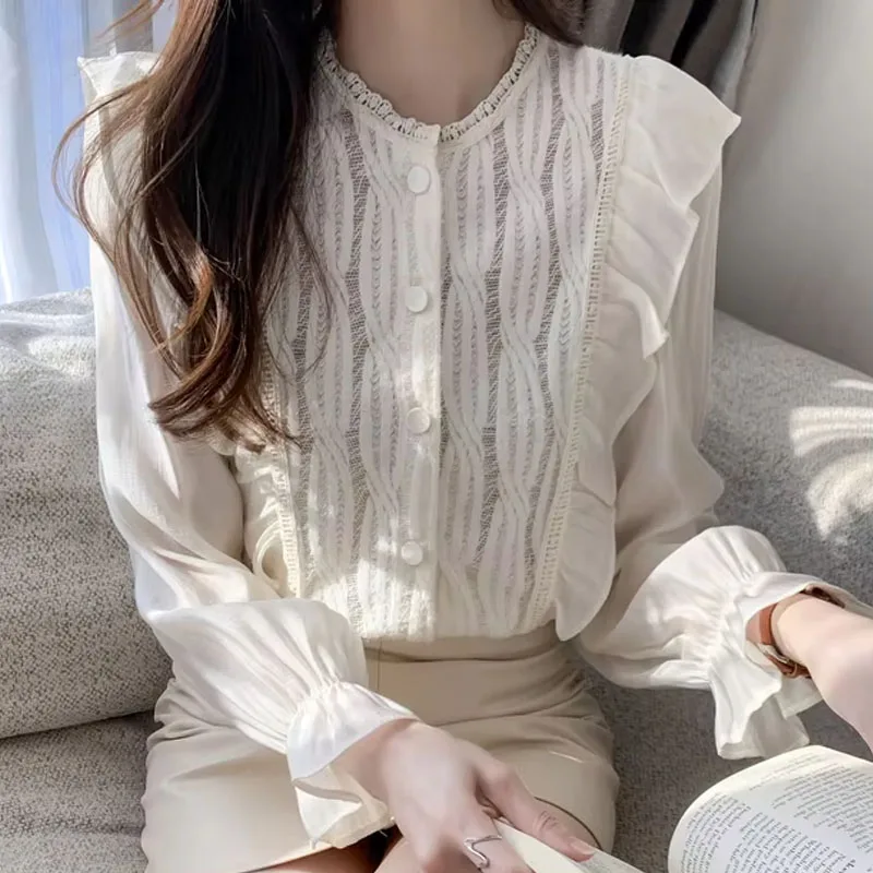 Модная кружевная женская рубашка с длинным рукавом и круглым вырезом оборками