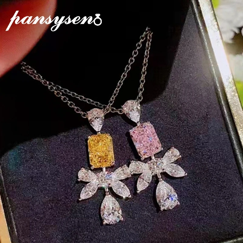 PANSYSEN 100% 925 Sterling Silver Sapphire Citrine Simulated Moissanite Gemstone Pendant Necklaces for Women Luxury Fine Jewelry