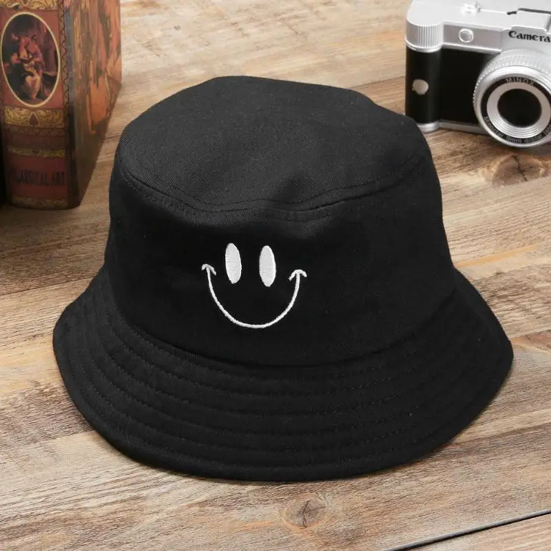 

Smile Face Embroidery Summer Bucket Hat Men's Pure Color Panama Fedoras Outdoor Fisherman Hat Visor Basin Cap Beach Hat