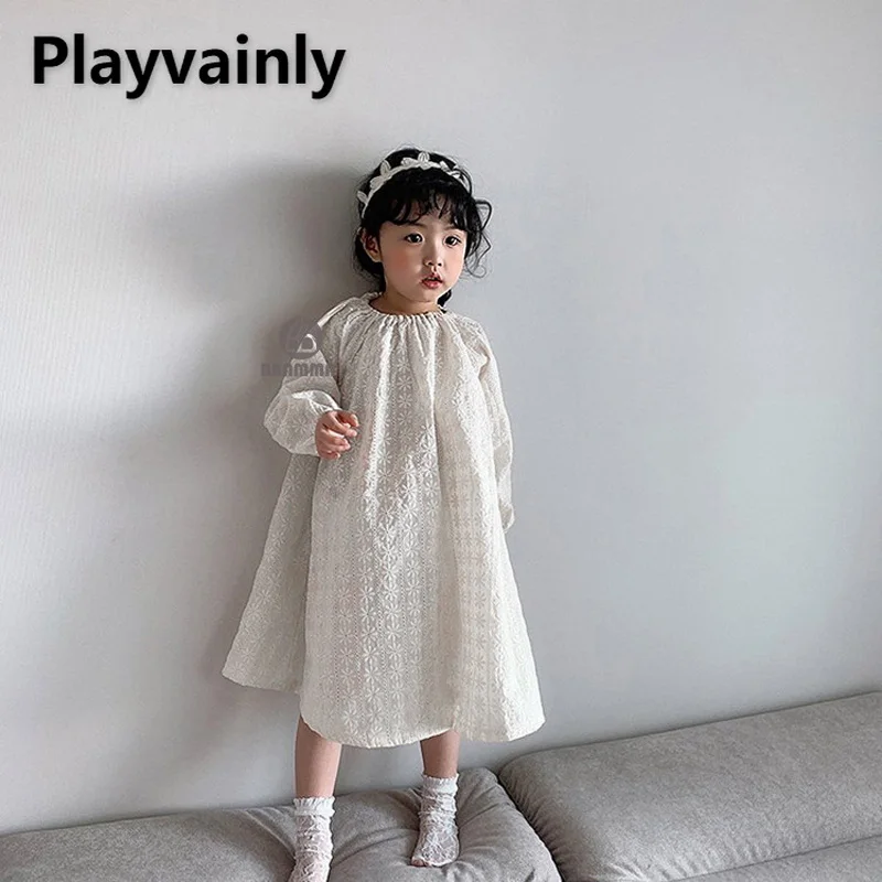 

2022 Korean Style New Spring Autumn Kids Girls Dresses White Flowers Long Sleeves Loose Vestido Child Clothes Baby Dresses E6204