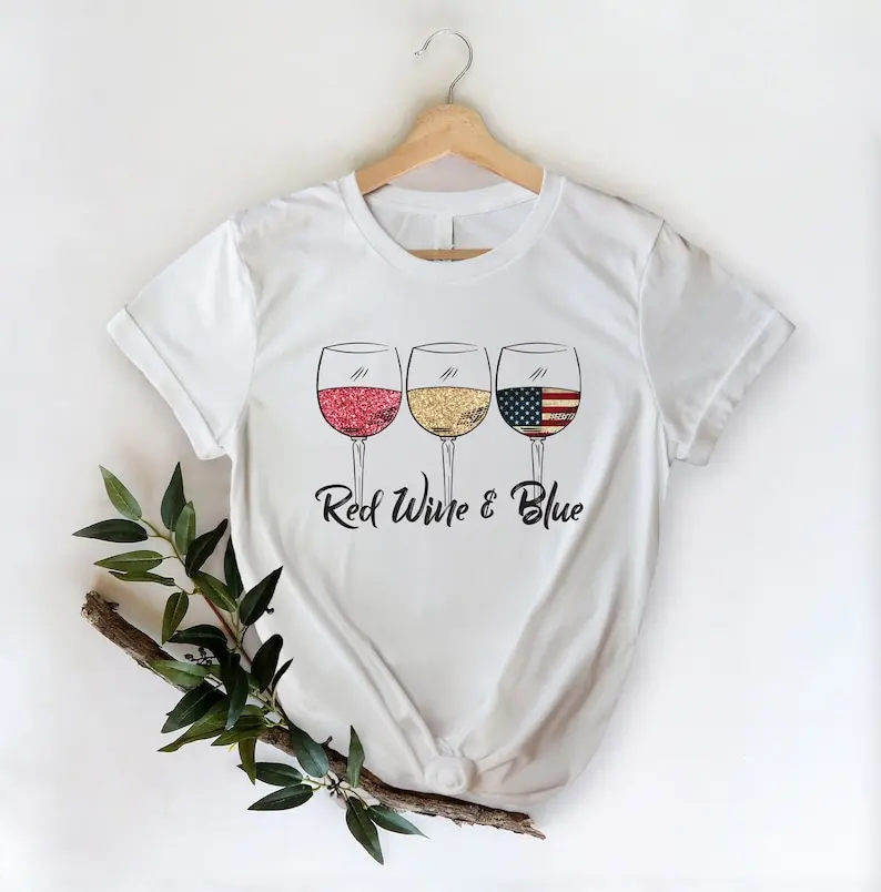 Red Wine Blue Shirt 4th Of July Patriotic Independence Day Gift For Women Short Sleeve Top Tees O Neck Streetwear 100%cctton y2k