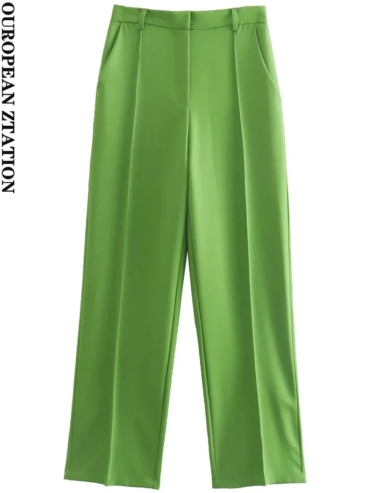 

PAILETE Women 2022 fashion side pockets front darts office wear pants vintage mid-rise waist zipper fly female trousers mujer