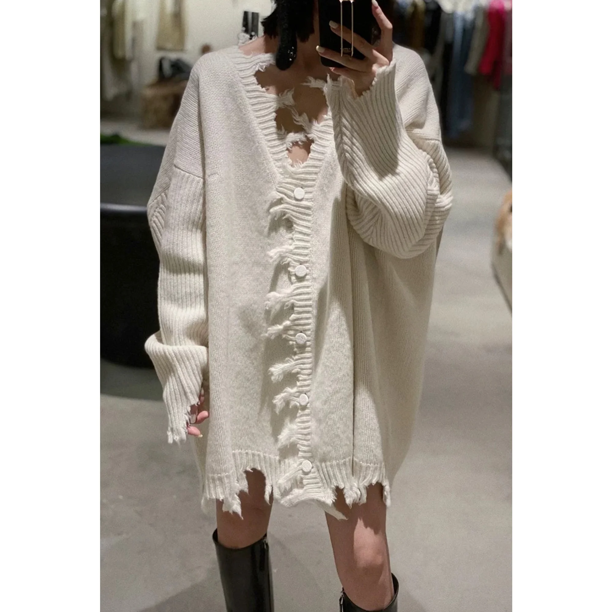 

Design Loose Broken Solid Tassel Sweater Woman Grunge High Street V-neck Long Sleeves Versatile Knit Pullover Ins Tide 2023