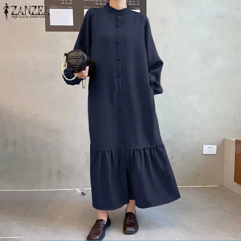 

Модное однотонное платье ZANZEA, весна 2022, свободная рубашка, Vestidos, женское винтажное платье с длинным рукавом, женское повседневное праздничн...