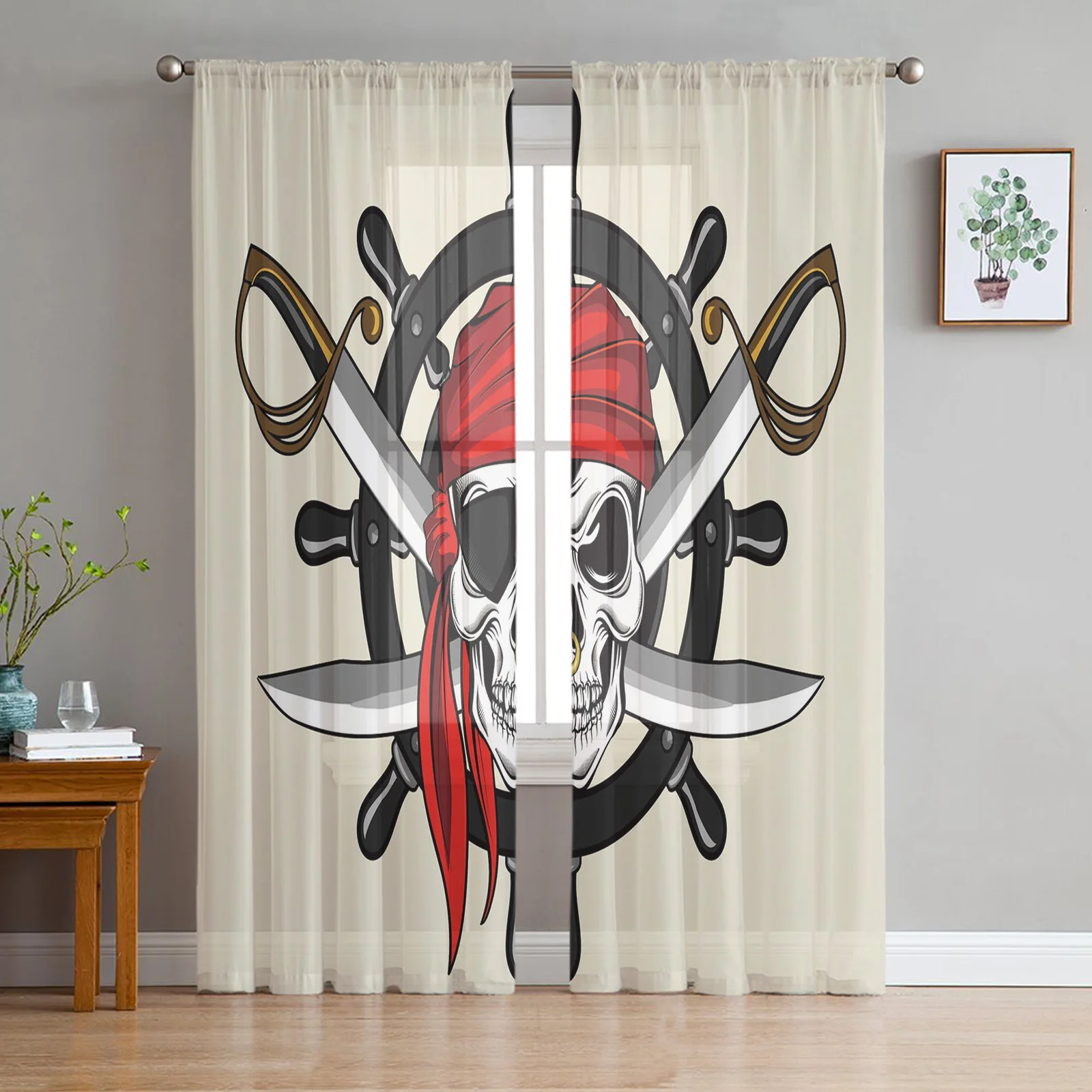 

Шелковый шарф с ножом в виде пиратского черепа, прозрачная занавеска для гостиной, спальни, вуаль, драпировка для кухонного окна, Тюлевая за...