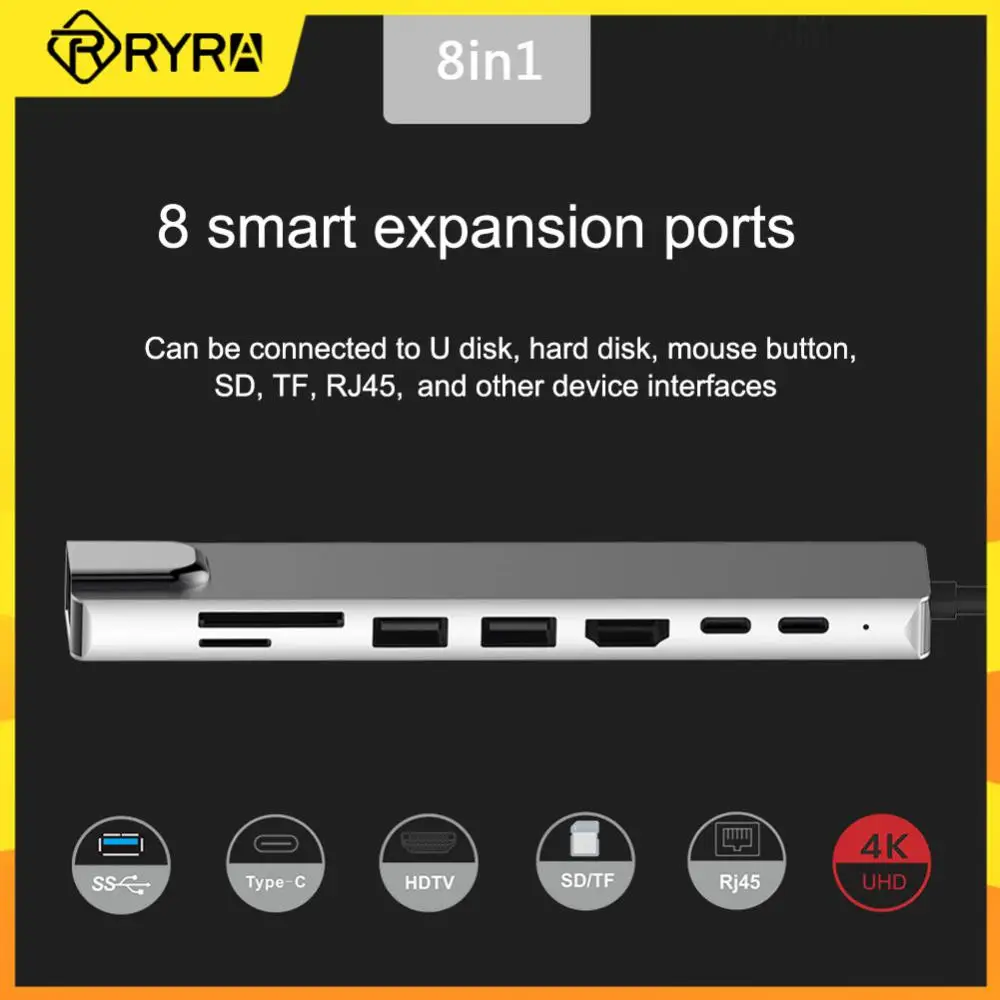 

RYRA 8 в 1 концентратор USB C Тип C док-станция PD 65 Вт Быстрая зарядка HDMI-совместимый SD/TF кардридер USB 3,0 концентратор адаптер для ПК