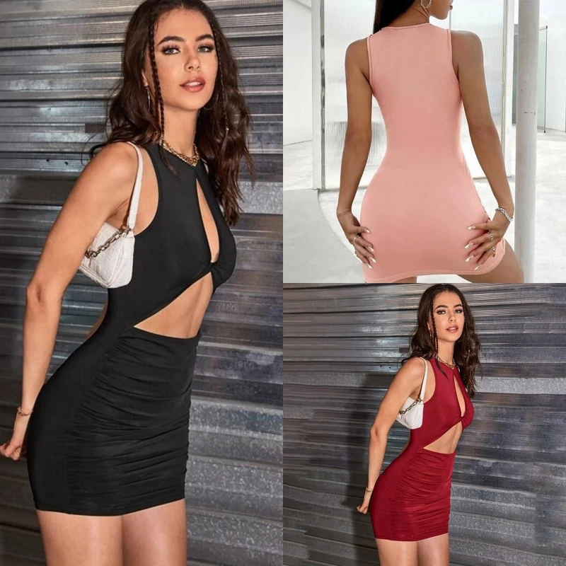 

896E Women Summer Tank Top Style Ruched Stretchy Cutout High Waist Solid Mini Dress