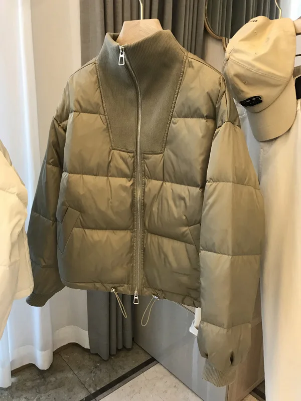 Jacket Women 90% White Duck Down Knitted Stand-up Collar Short Jackets Design Sense Zero Pressure khaki Light Thin Clothes Coat