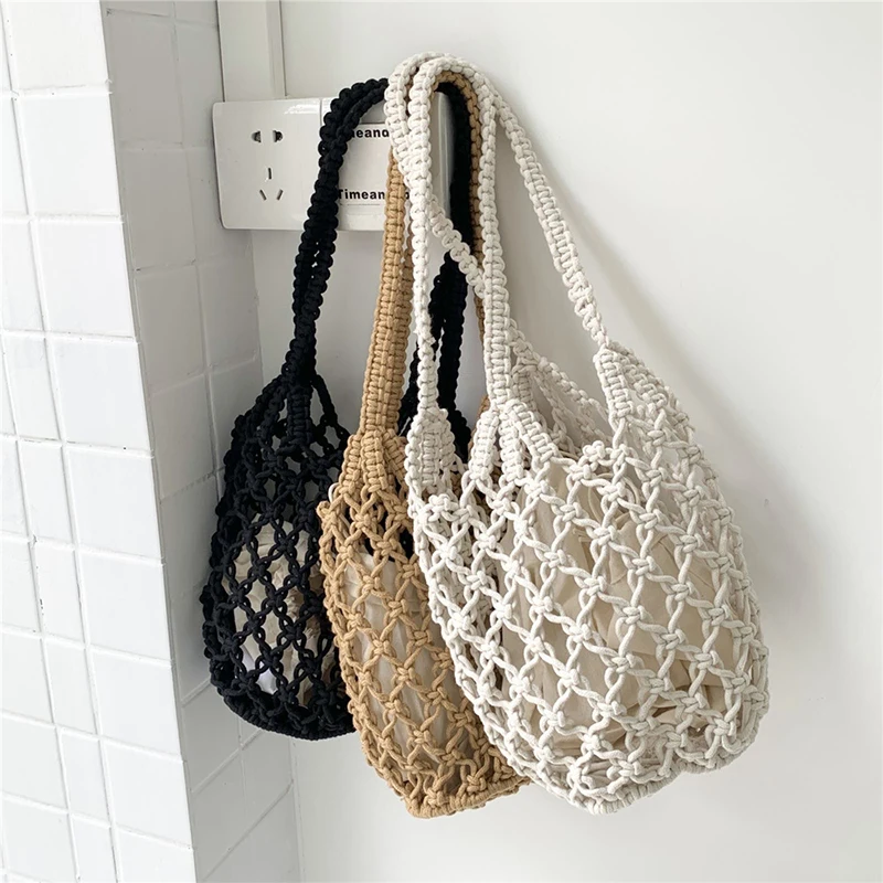 

1pc Summer Seaside Beach Handbag Hollow Mesh Shoulder Bag Cotton Crochet Fishing Bag