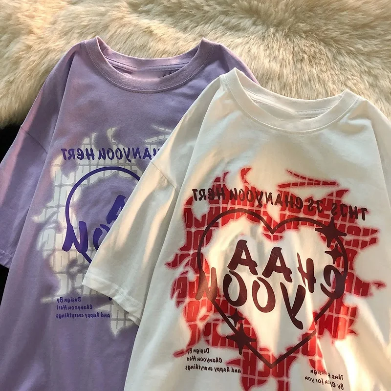 

Punk Y2k Top Short-sleeved T-shirt Women Loose Love Letters Flame Printing Female Clothing Harajuku Clothes T-shirt Vintage