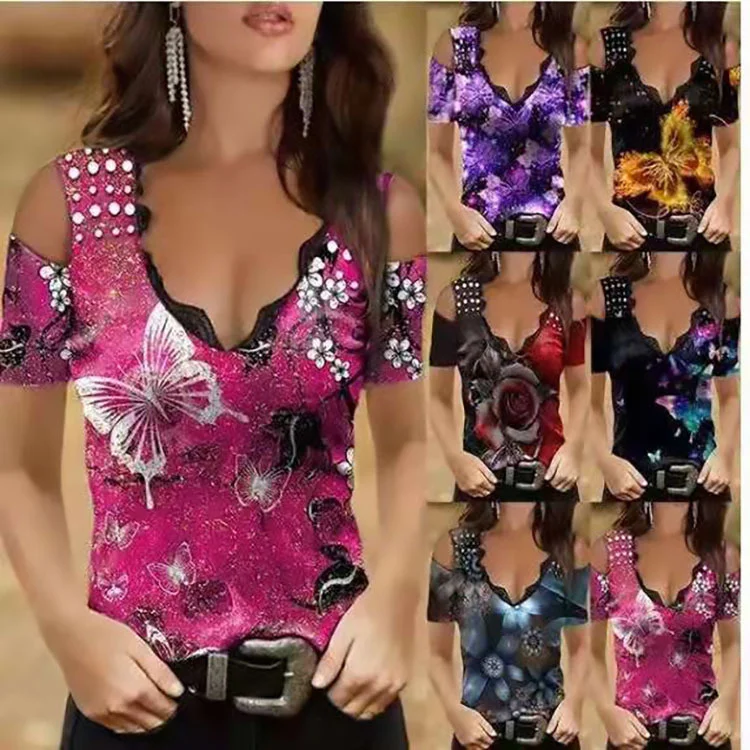 

2021 Summer V-neck Sexy Print Top T-shirt Women