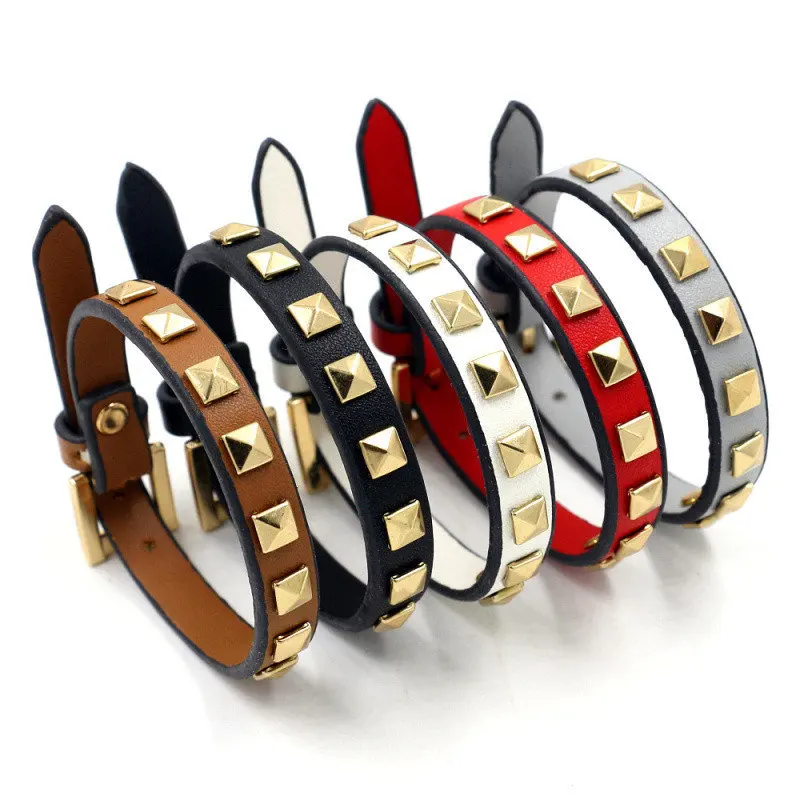 Bracelet Women Men Artificial Leather Wrap Stud/Rivets Fashion Color Charm Bracelets Gold Square Rivets Punk Style Bangle