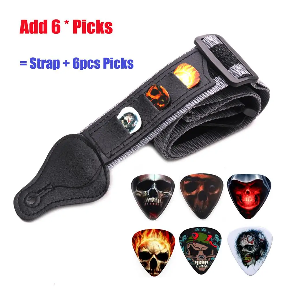 

Leather Guitar Strap Belt With 3 Guitar Picks Holders 6 Pcs Skull Guitar Picks Electric Acoustic Bass Guitar Accessory