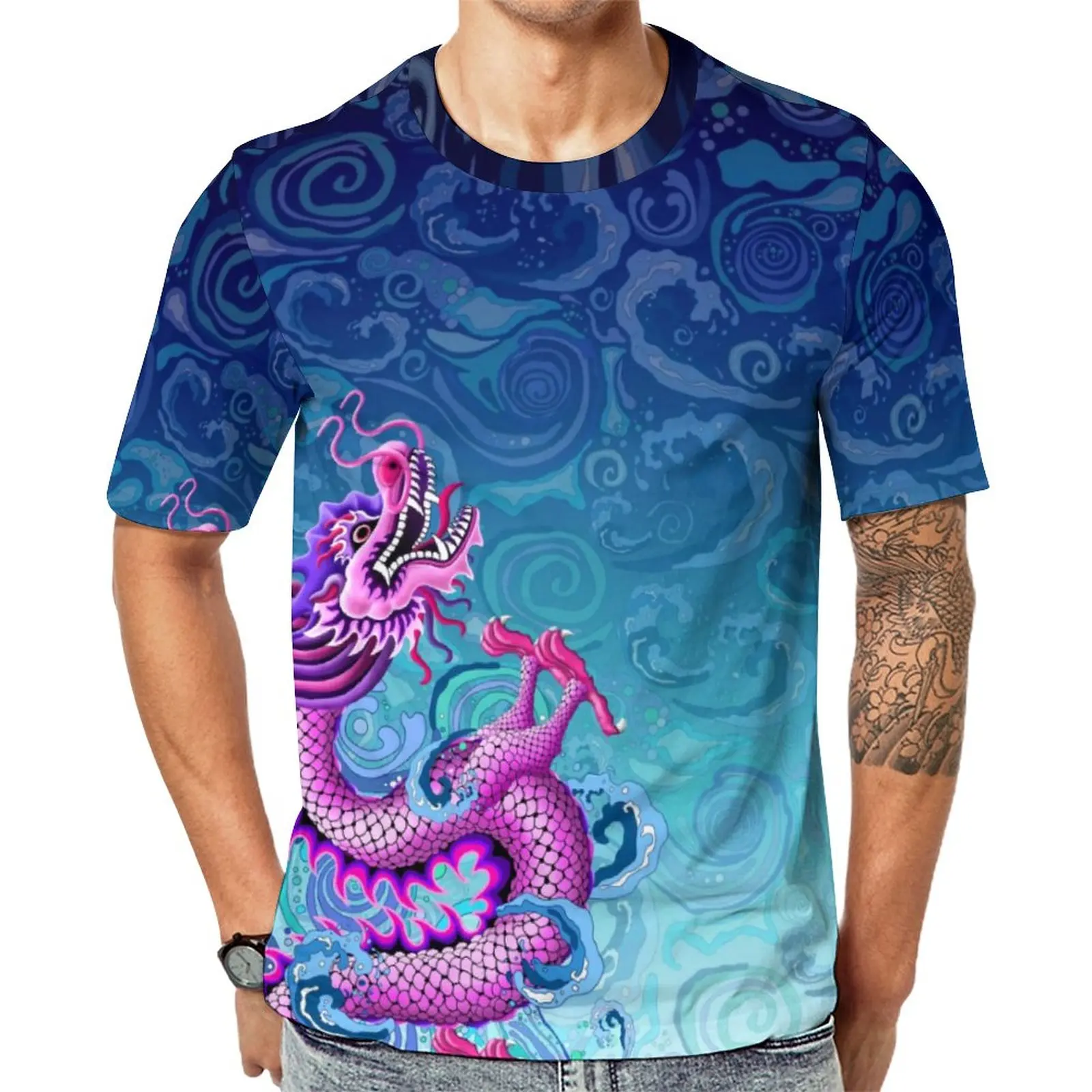 

Large Pink Dragon T-Shirt Swirling Water Print Men Hip Hop T-Shirts Premium Graphic Tees Short Sleeve Street Style Plus Size Top