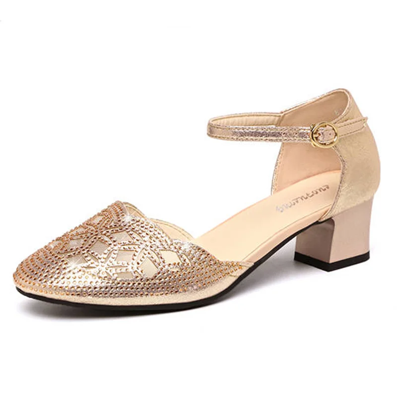 

Women's Fashion Crystal Pumps Summer 2022 New Hollow Out Ankle Strap Mid Heels Sandals Woman Black Square Heel Pumps Ladies