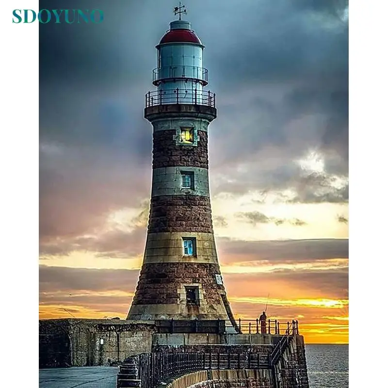 

SDOYUNO Full Square Diamond Painting 5D Diy Diamond Embroidery Scenic lighthouse Rhinestone Living Room Decorating Artwork