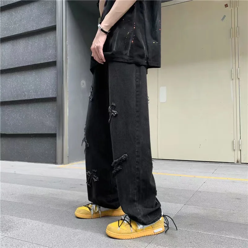 Y2K Men Korean Fashion Streetwear Hip Hop Low Rise Baggy Jeans Trousers Cross Mens Denim Pants Women Oversized Boyfriend Clothes