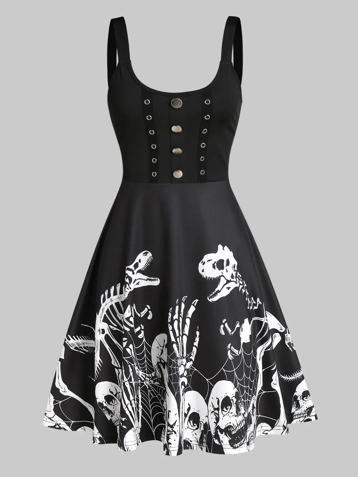 

Dressfo Summer Slip Dresses For Women 2022 Button Skeleton Print Fit And Flare Gothic Dress