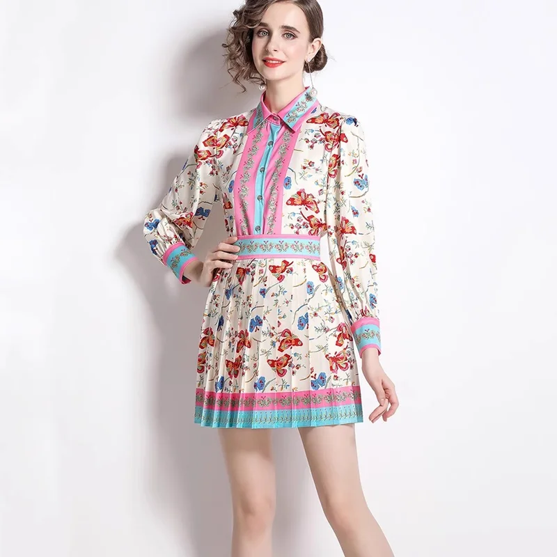 

New Printed Long Sleeved Single Breasted Turn-Down Collar Shirts Top + High Waist Pleated A-Line Skirt Two-Piece Sets