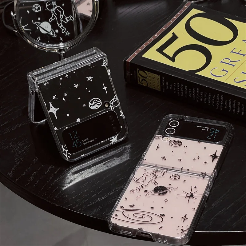 

Minimalist Line Astronaut Space Picture Phone Case for Samsung Galaxy ZFlip 4 3 Hard Cover for ZFlip3 flip4 Solid Shell Bracket