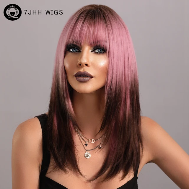 7JHH WIGS Long Straight Wig with Bangs Ombre Synthetic Wigs for Women Natural Hair Wavy Wigs Cosplay Party Heat Resistant Hair 1