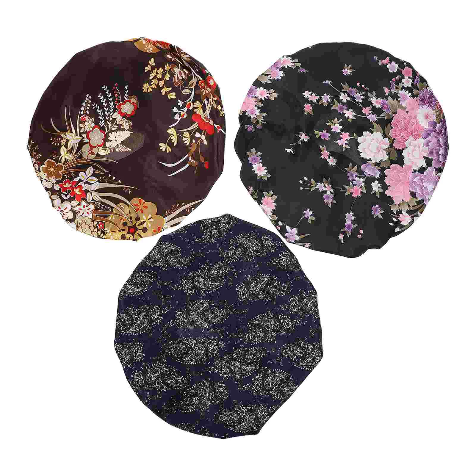 

3Pcs Broken Flower Sleeping Hat Wide Brim Chemotherapy Practical Turban Night (Black Print, Coffee, Black)