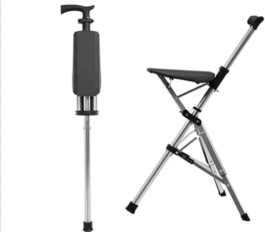 

Folding Cane Seat Combo 400 lbs Capacity Portable Cane Stool Handy Folding Crutch Chair Seat 3 Legs Height Adjustable Thick
