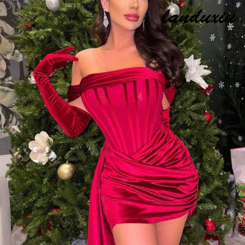 

Landuxiu Off Shoulder Corset Dress 2022 Sexy Velvet Slim Bodycon Mini Dress Women Fashion Evening Club Dress