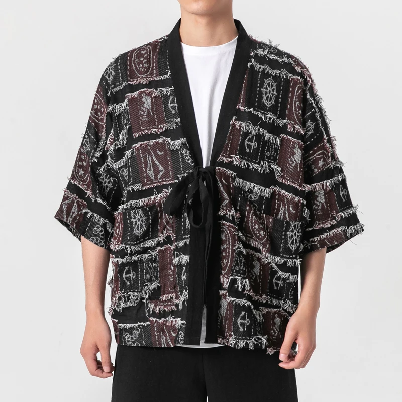 

Рубашка мужская из хлопка и льна, винтажная потертая кимоно в стиле оверсайз, в японском стиле, уличная одежда, кардиган, халат, пальто, на ле...