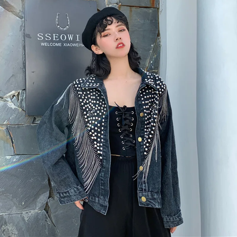 2021 Women Autumn Hand-studded Denim Jacket Coat Rivet Loose Black Tassel Chain Short Jeans Jacket Coats Streetwear Mujer
