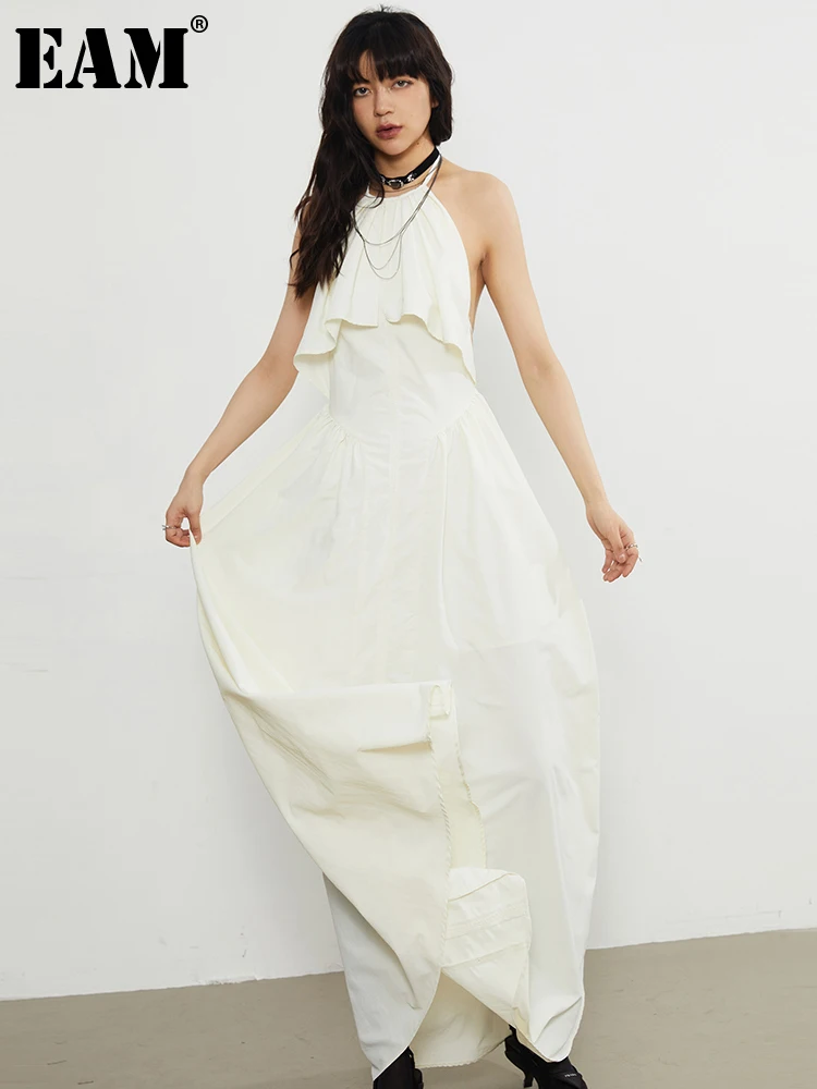 

[EAM] женское Элегантное Длинное Платье с открытой спиной, светильник, желтого цвета, новинка, платье с лямкой на шее, без рукавов, свободное, модное, весна-лето 2023, 1DF7549