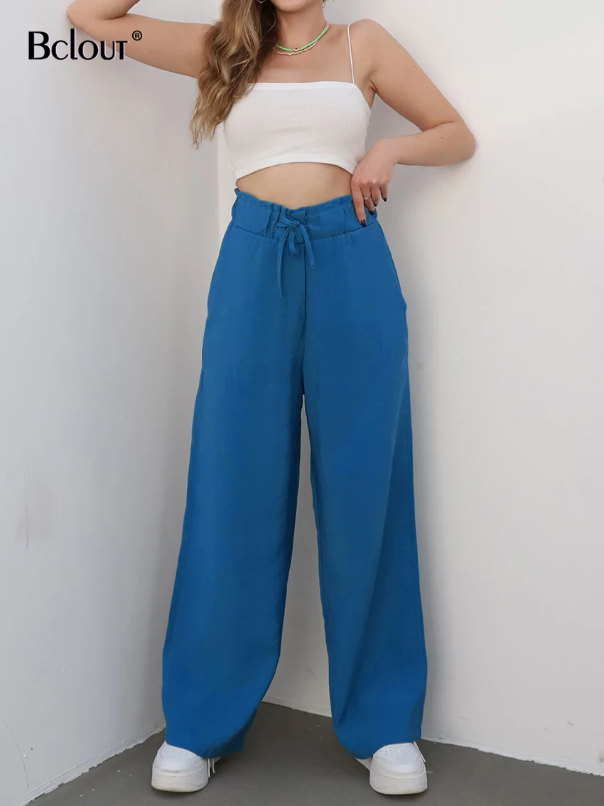 

Bclout Summer Blue Pants Women Elegant Lace-Up Fashion Wide Leg Pants High Waist Solid Office Lady Loose Long Trouser Woman 2022