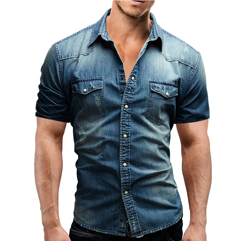 

Short Soft Clothing Elastic Denim Pockets Sleeve Thin Summer Slim Cotton Men Cowboy Jeans Shirt Two Shirt 2022 Slight