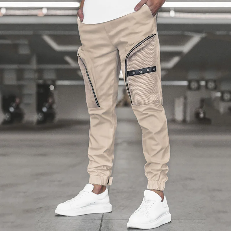 

2022 New Autumn Men's Casual Overalls Woven Zipper Pocket Stitched Casual Leggings Gym Running Pants