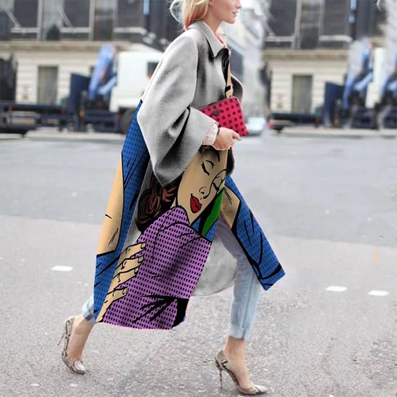

New 2023 Autumn Women's Wear New Long Sleeve Polo Coat Printed Woolen Coat