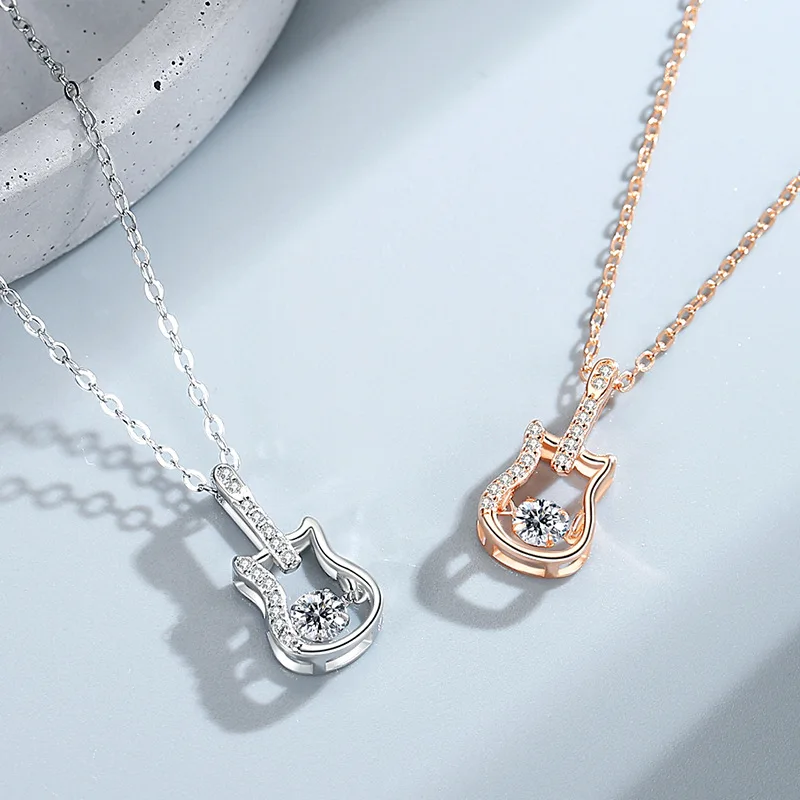 

999 Sterling Silver Necklace Guitar Aaa Zirconia Pendant Necklace Female Simple Clavicle Chain Wedding Party Jewelry Christmas