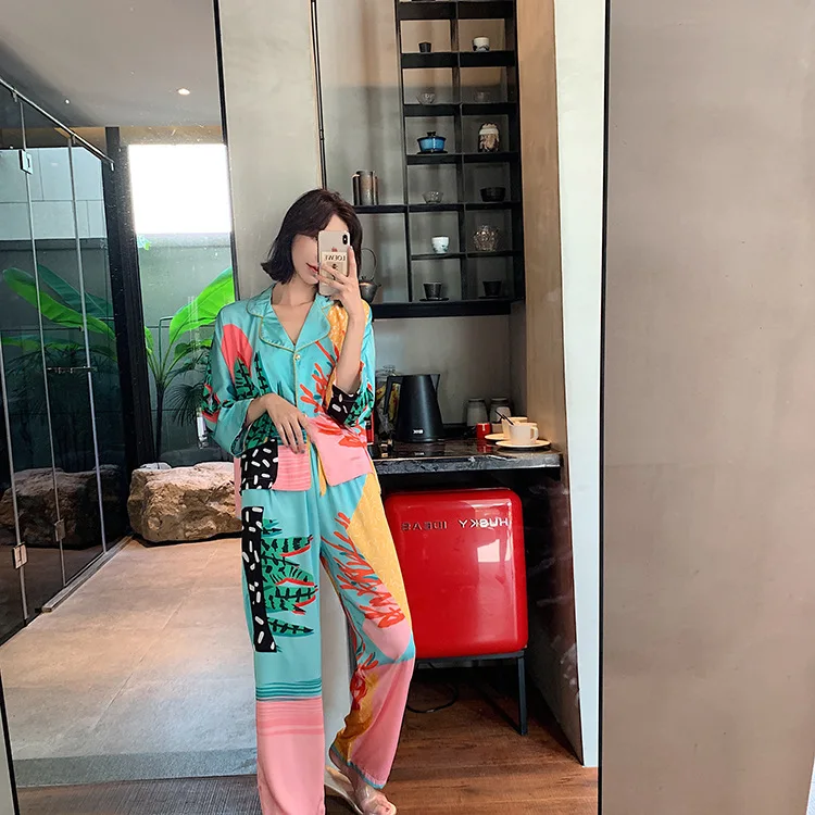 Women Pajama Set Hand Drawn Art Tropical Plants Pyjama Set Silk Like Nightwear Spring Home Wear Clothes Sleepwear Homewear