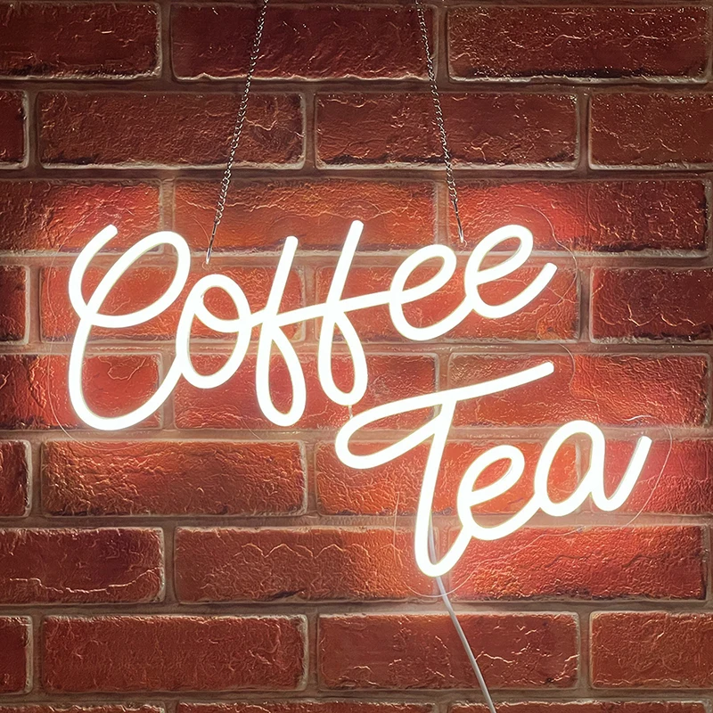 Coffee Neon Sign Coffee and Tea Bar Light Sign LED Hanging Wall Art “16.9x12.6” Warm White Letter LED Sign for Coffee Station