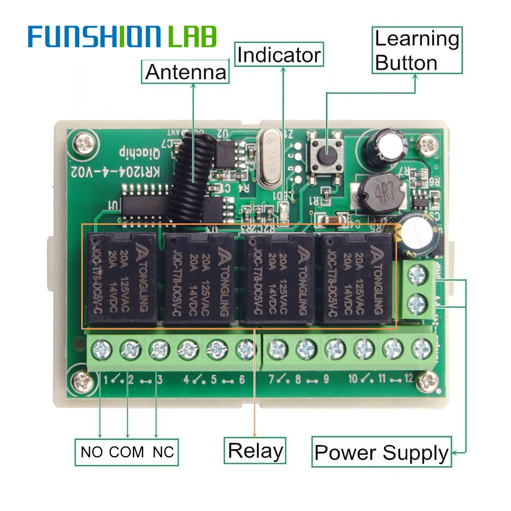 FUNSHION 433.92Mhz DC 6V 12V 24V 10A 4CH Relay Module Receiver EV1527 Wireless Remote Control Switch 433Mhz for Motor DIY |