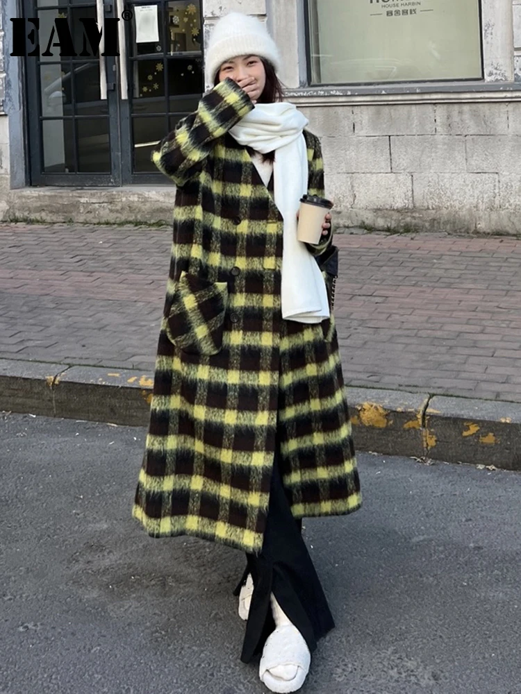 

[EAM] Loose Fit Yellow Plaid Big Size Llong Woolen Coat Parkas V-neck New Long Sleeve Women Fashion Autumn Winter 2023 1DF3547