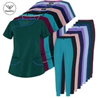 Больничная клиника, врач, унисекс, медсестра, медицинский Рабочий костюм, скрабы для медсестры, Униформа высокого качества, однотонные бриллиантовые Топы + брюки