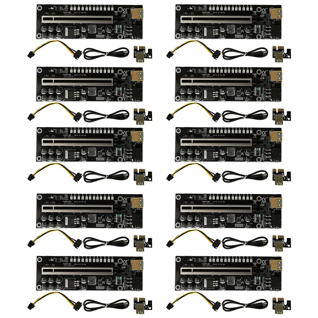 

10 Pcs V011 PRO PLUS PCI-E 1X to 16X USB3.0 60cm 6Pin Graphics Riser Card with 10 Solid Capacitor for Bitcoin GPU Mining