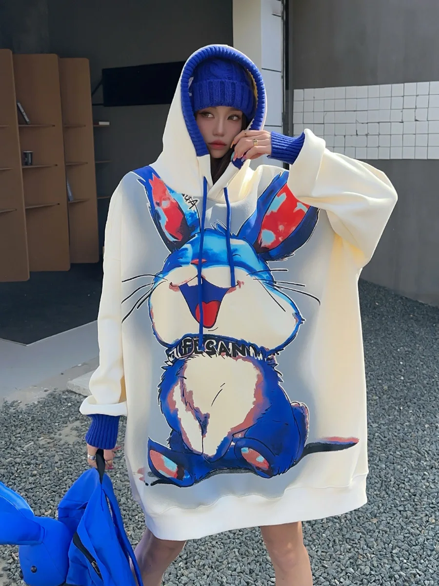 Длинный свитер с капюшоном большого размера рисунком кролика женские топы