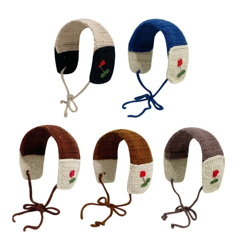 

Floral Knitted Headband for Women Stretch Turban Floral Crocheted Earflap Simple Style Tie Head Wrap Headband